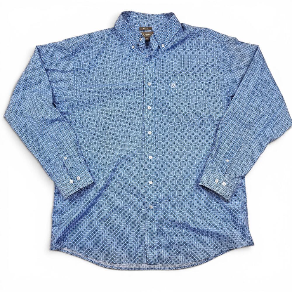 ARIAT Fitted Button Down Shirt Men's XXL Blue Geometric Print Western Cowboy